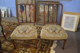 A pair of Sheraton Revival mahogany and inlaid side or bedroom chairs with tapestry seats bearing