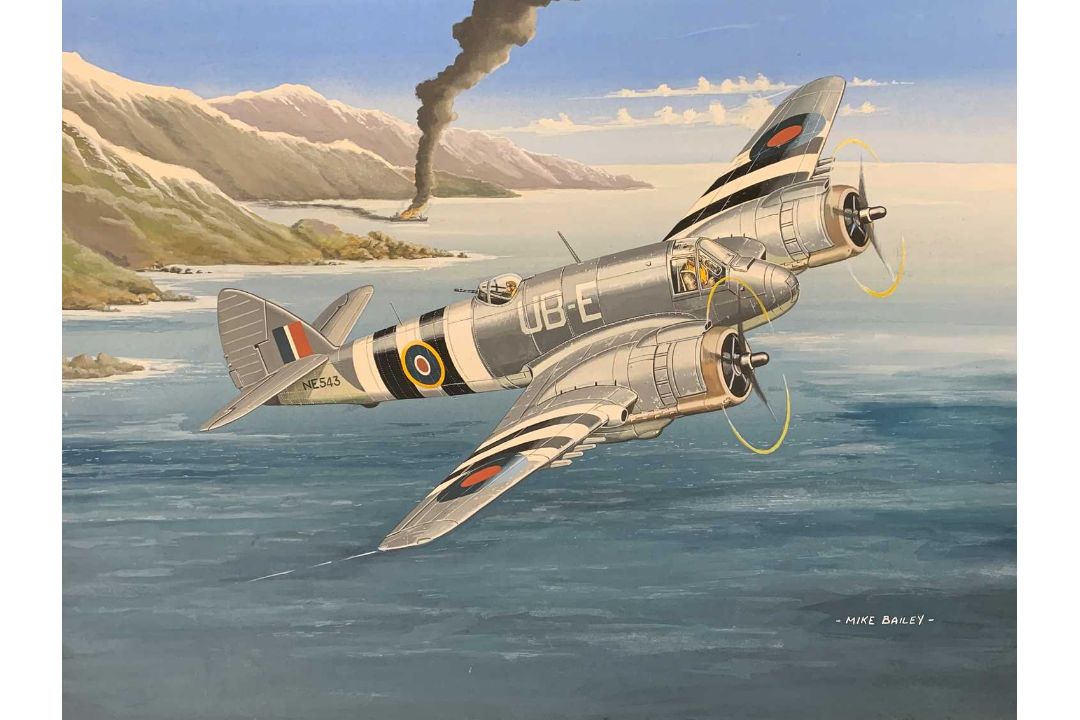 Mike Bailey (British, 20th century), 'Bristol Beaufighter RAF', acrylic on watrecolour board,