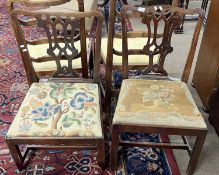 A Georgian mahogany framed dining chair with pierced back and drop in tapestry seat together with