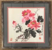 Oriental School, circa 19th century, Peonies and calligraphy, 35x35cm, framed and glazed