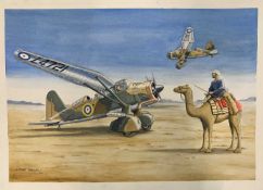 Mike Bailey (British, 20th century), 'Westland Lysander RAF Desert Scene', acrylic on watercolour