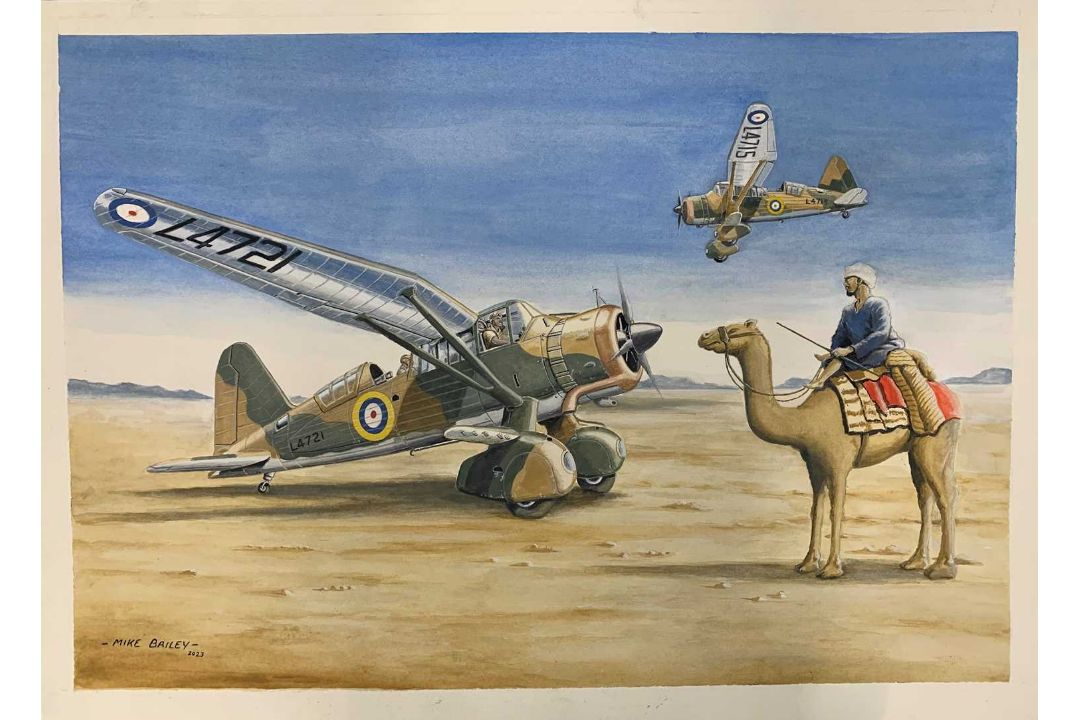 Mike Bailey (British, 20th century), 'Westland Lysander RAF Desert Scene', acrylic on watercolour