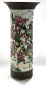 A large Chinese porcelain crackleware vase of cylindrical form with polychrome decoration of Chinese