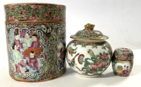 A group of Cantonese wares, late 19th Century, comprising a cylindrical jar and cover, a further