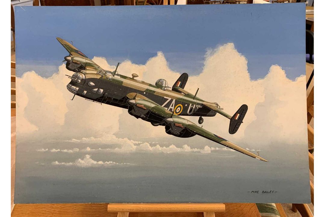 Mike Bailey (British, 20th century), 'Handley Page Halifax RAF', acrylic on watercolour board,