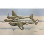 Mike Bailey (British, 20th century), 'Lockheed P38 Lightning USAAF', acrylic on watercolour board,