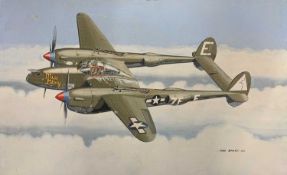Mike Bailey (British, 20th century), 'Lockheed P38 Lightning USAAF', acrylic on watercolour board,