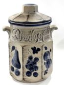 A West German Scheurich large jar and conver, the grey ground with blue floral design in relief,