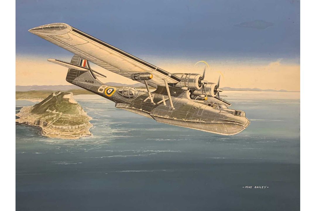 Mike Bailey (British, 20th century), 'Consolidated Catalina Flying Boat of No 202 Squadron', gouache