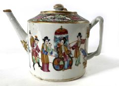 A 19th Century Cantonese porcelain teapot and matching cover with intertwined handle, the pot