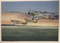 Mike Bailey (British, 20th century), 'Hawker Hurricane RAF Formation take off scene, gouache on