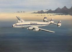 Mike Bailey (British, 20th century), 'Lockheed L-49 Constellation Euravia Airlines', gouache on