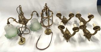 Quantity of brass wall lights with candle sconces and a further lantern type wall light
