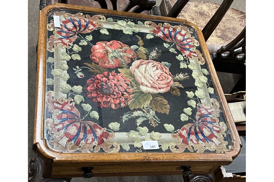 An early 20th Century lamp table, the top inset with a tapestry panel under glass, the body with a - Image 3 of 3