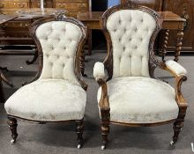 A Victorian walnut framed gentleman's armchair with a carved show wood frame and buttoned upholstery