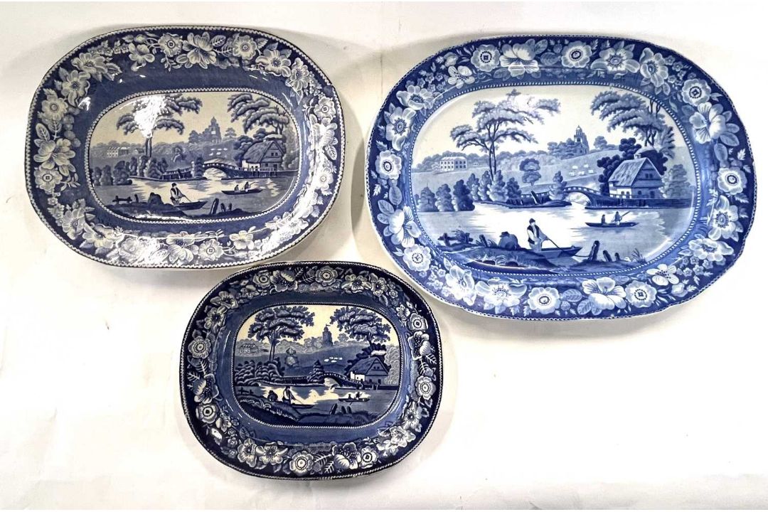 A mid 19th Century pearl ware dish printed with a pastoral landscape and floral border together with - Image 2 of 2