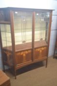 An Edwardian mahogany lead glazed display cabinet with two doors, decorative coloured glass panels
