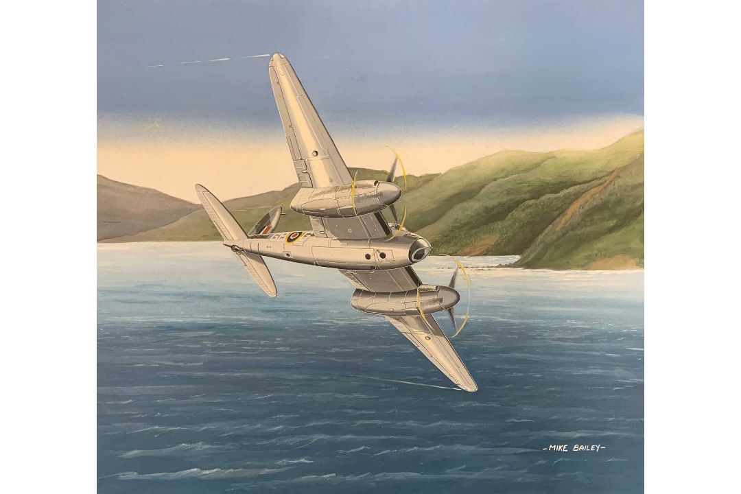 Mike Bailey (British, 20th century), 'DH Mosquito 105 Squadron RAF', acrylic on watercolour board,