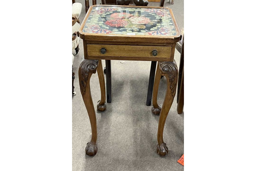 An early 20th Century lamp table, the top inset with a tapestry panel under glass, the body with a - Image 1 of 3