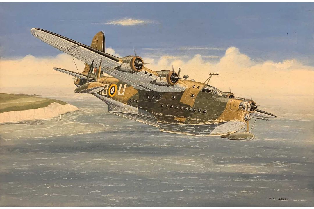 Mike Bailey (British, 20th century), 'Short Sunderland RAF', acrylic on watercolour board, signed,