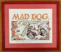 Paul Sample (1947-2026), 'Mad Dog' original ink and watercolour sketch of 'Kickstart', the