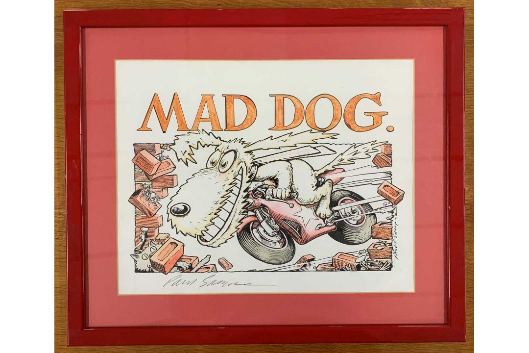 Paul Sample (1947-2026), 'Mad Dog' original ink and watercolour sketch of 'Kickstart', the