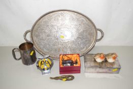 Assorted metal wares, AA badge and a pair of model robins and novelty nut crackers