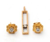 A 9ct diamond pendant and earrings: the slim rectangular frame set with a single round brilliant cut