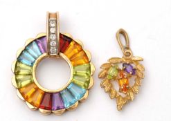 Two gemset pendants: to include a 9ct multi gemset and idamond pendnat, the multi gem hoop set