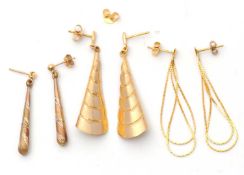 Three pairs of earrings: including a pair of 9ct tapered shell-like earrings with posts hallmarked