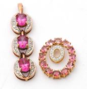 Two gemset pendants: to include a 9ct three stone and diamond highlight pendant, bale stamped 375