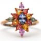A 9ct multi gemset ring, set with oval and pear shape sapphires, topaz and quartz, with plain band - Image 5 of 7