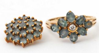 A 9ct Russian alexandrite ring and pendant, the cluster ring set to centre with a round brilliant