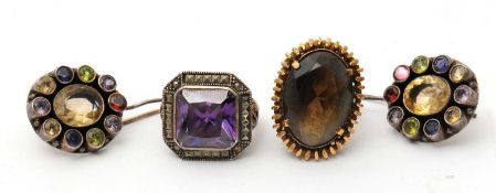 A mixed lot: to include a 9ct smokey quartz ring, with oval smokey quartz in a four claw mount