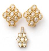 A pair of 14ct gemset earrings, stamped 585 and 14K, with posts and clip backs, 22mm long, 7.4g, (