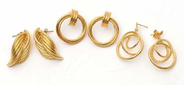 Three pairs of 9ct earrings: including a pair of 9ct round twisted hoops, posts with Birmingham