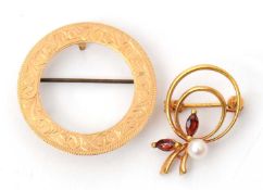 Two brooches: to include a 9ct garnet and cultured pearl brooch, stamped 375 with London import mark