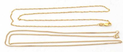 Two 9ct chains: to include a 9ct curblink neckalce stamped 375, clasp stamped 375, 50cm long, 2.