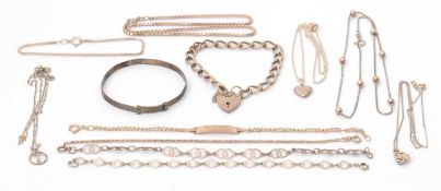 A quantity of silver and white metal jewellery, including five necklaces, six bracelet and a bangle,