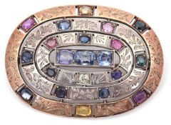 A multi-colour sapphire brooch, set with blue, pink yellow and green sapphires, largest approx. 8.
