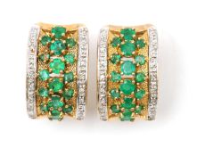 A pair of 9ct emerald and diamond earrings, the curved half bands set to centre with round