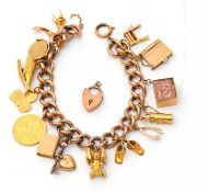 A 9ct charm bracelet, the curblink bracelet with textured and plain links stamped 9ct, padlock clasp
