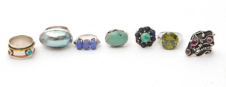Seven silver rings: to include mabe pearl, turquoise, garnet etc, 56g gross, (7)