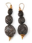 A pair of 19th century hairwork earrings, comprised of three graduated oval loops with yellow