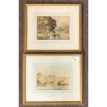 John Parlour (British, 20th century), Pair of watercolours: country scene with wading cattle,