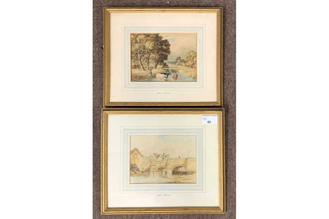 John Parlour (British, 20th century), Pair of watercolours: country scene with wading cattle,
