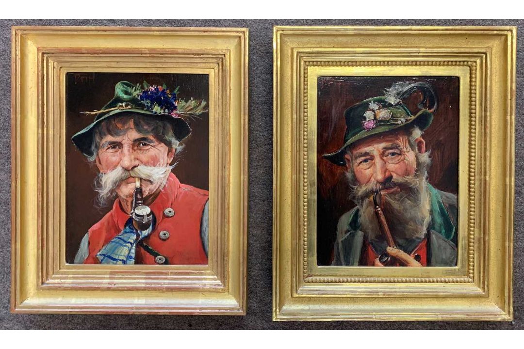 Attributed to Werner Dorfl (German, 20th century), Pair of half bust portraits of pipe smoking - Image 1 of 2