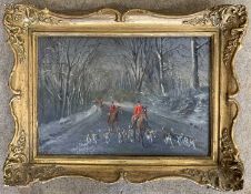 Geoffrey Mortimer (1895-1986), Huntsman and Hounds, oil on board, signed, 25x35cm, framed