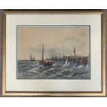 B.Walton (20th century), Fishing boats in turbulent seas, watercolour, signed and dated 1912,