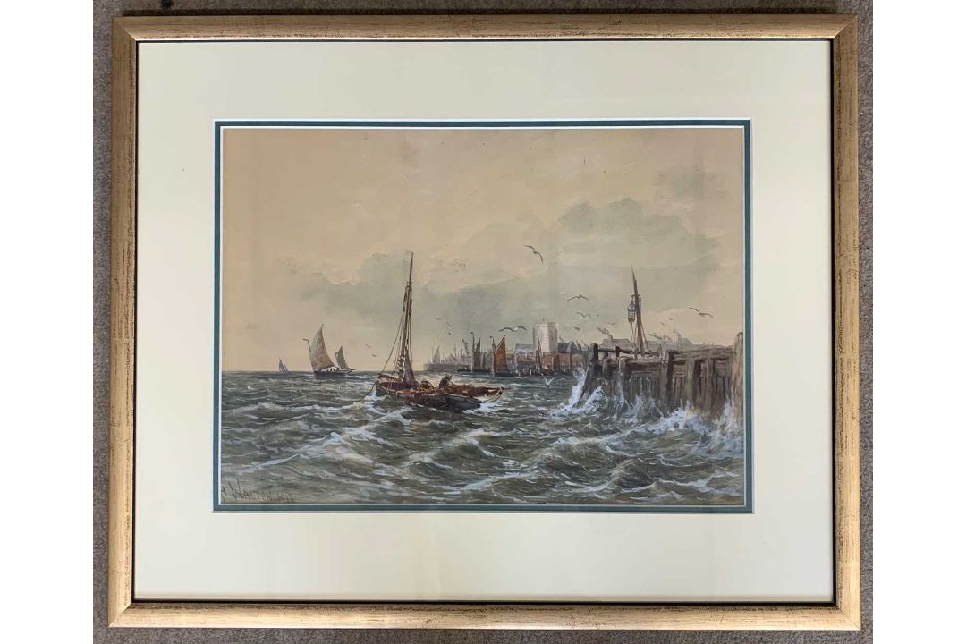 B.Walton (20th century), Fishing boats in turbulent seas, watercolour, signed and dated 1912,